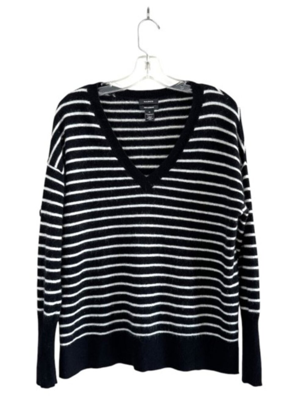 Halogen 100% Cashmere V-Neck Sweater, M, Black Ivory Stripe